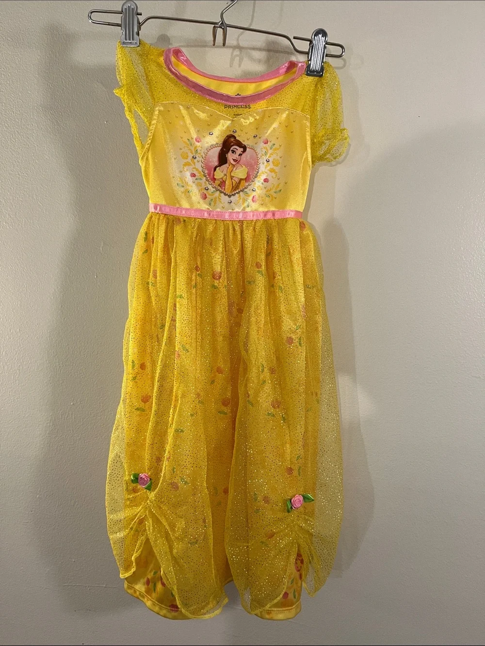 Disney Yellow Belle Sparkle Princess Dress with Pink Trim
